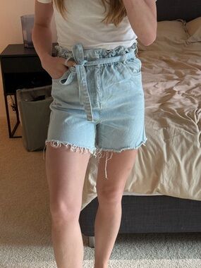 High-Rise Light Blue Paperbag Denim Shorts with Tie Waist